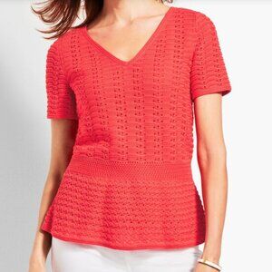 Talbots Pink Double-V Crochet Peplum Sweater  - L - NWT
